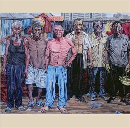 李平油画《钢筋班合影》