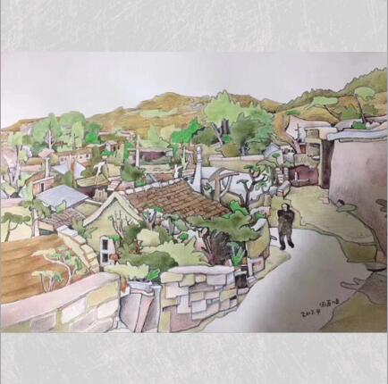 田百顺水彩《泰山脚下村庄》