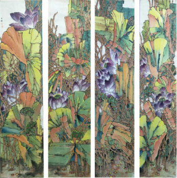 王士彬《重彩荷》四条屏