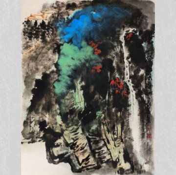 沈小皴《丹枫飞瀑》